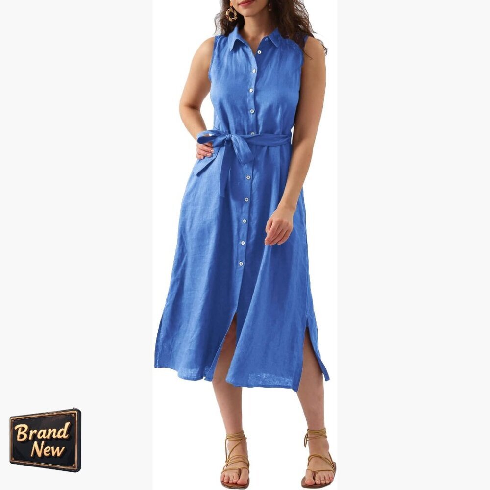 Linen Midi Dress With Pockets And Removable Belt, Sleeveless Button Down